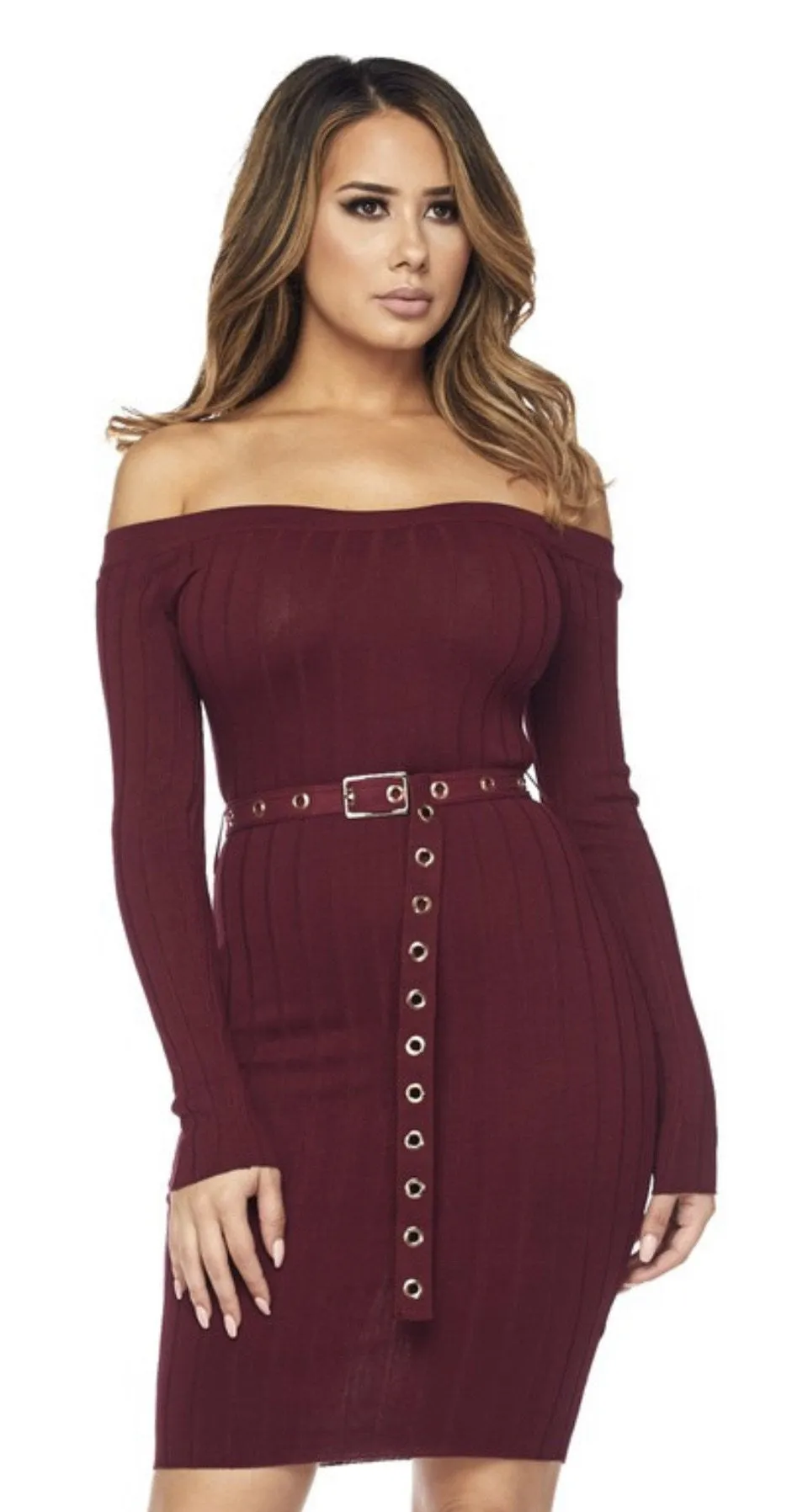 Wine Wide Rib Off Shoulder Dress