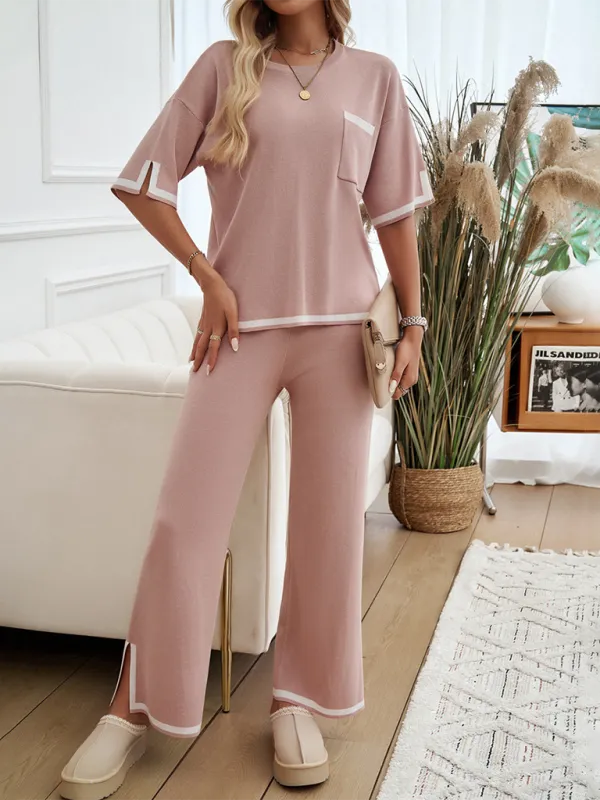 Women's Colour Contrast Short Sleeve Loungewear Set