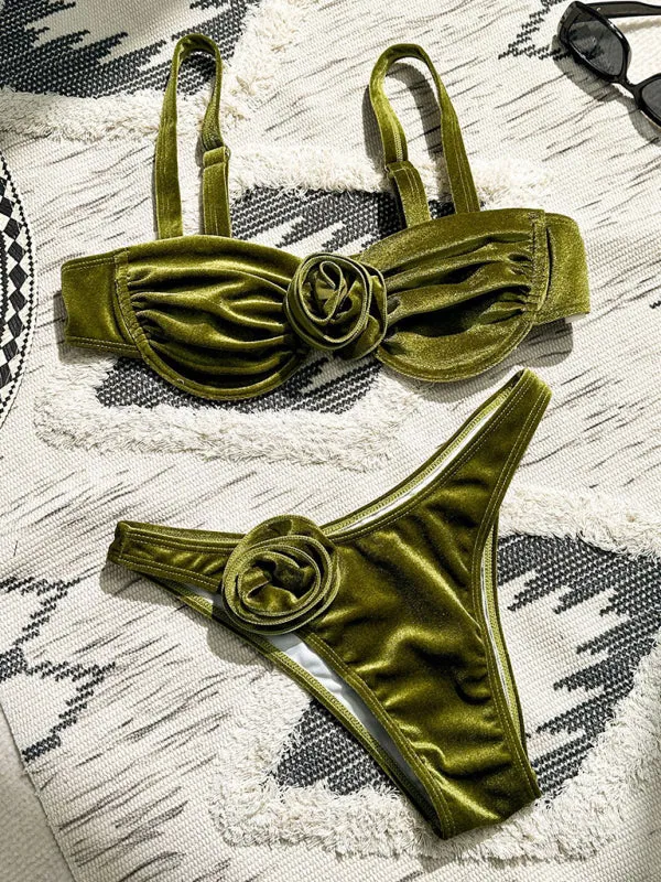 Women's Green Ruched Bikini With 3D Flower Design